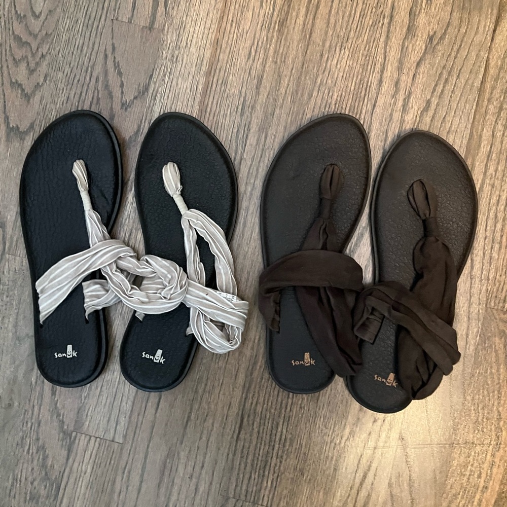 Sanuk Striped Sandals & Brown Sandals with Knotted Straps (Both Pairs Included)